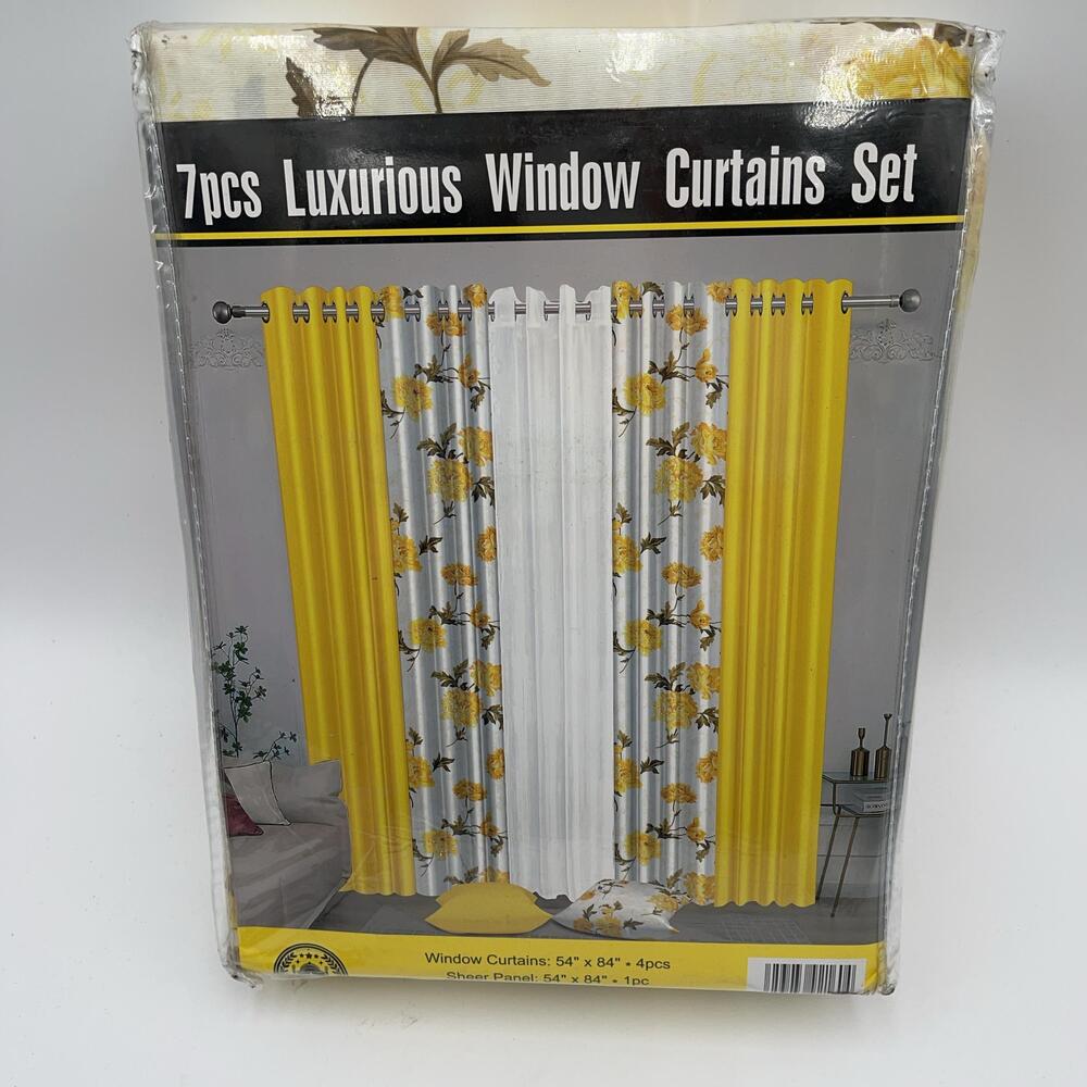 Papadaya Luxurious Curtain Set 54x84 Grommet Floral Yellow Window 7pcs Panels